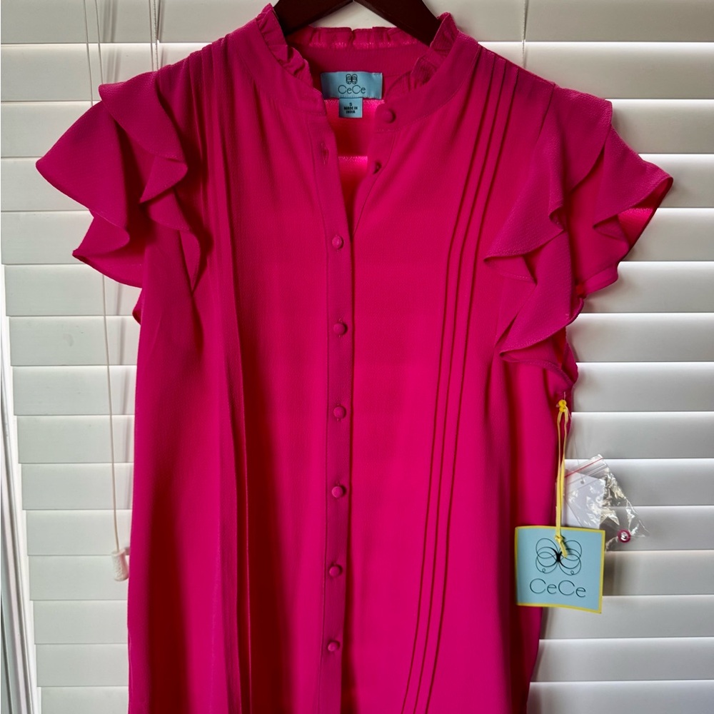 CeCe Fuchsia Button-Accent Top